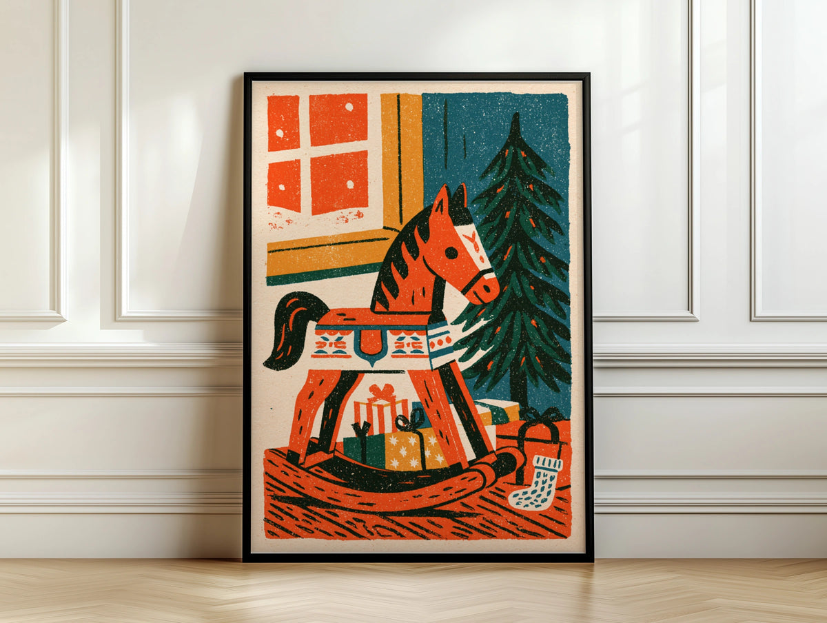 Vintage Rocking Horse Christmas Poster, Retro Festive Wall Art, Teal Orange Holiday Print