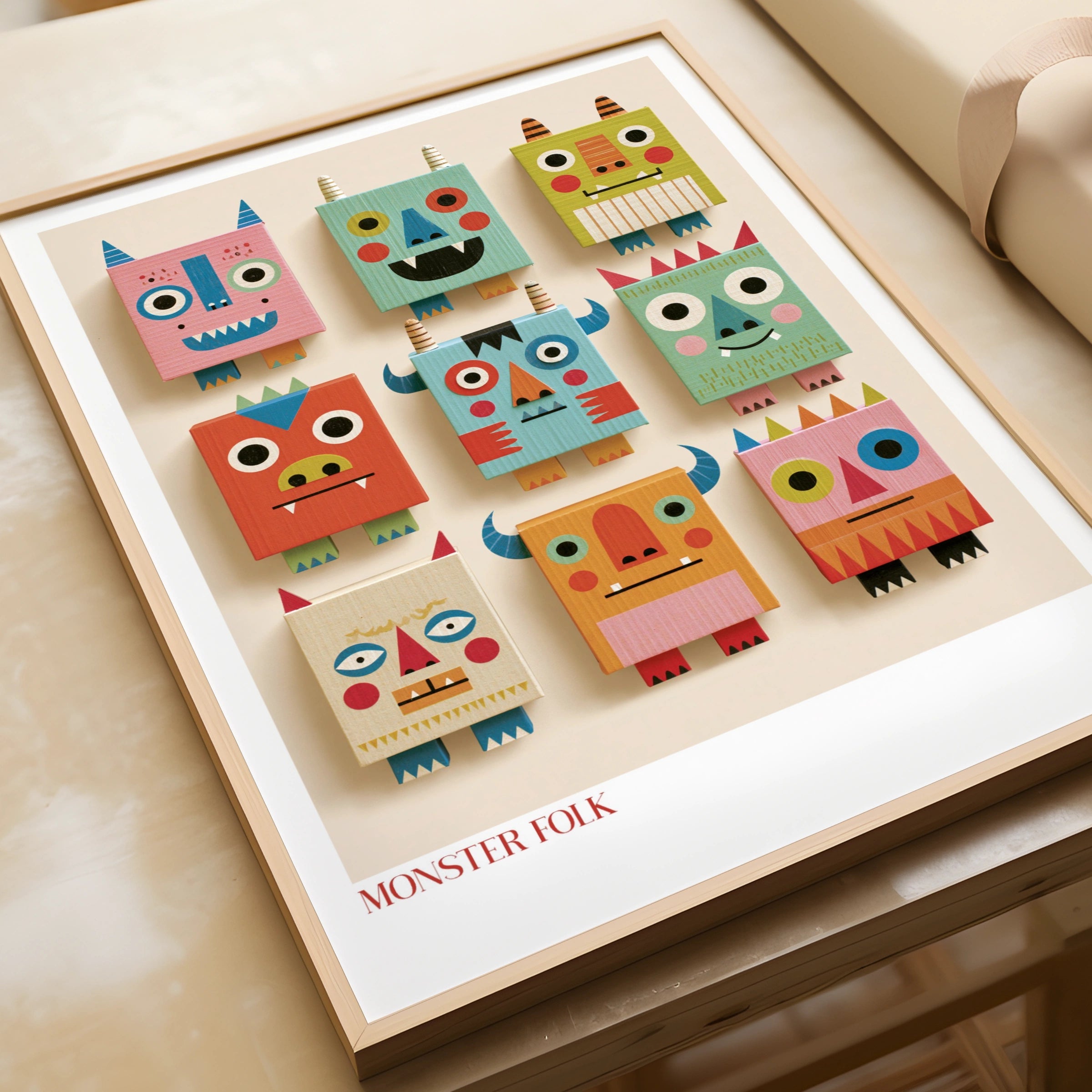 Monster Folk Kids Wall Art Print, Retro Nursery Poster, Colourful Children's Collectable Decor