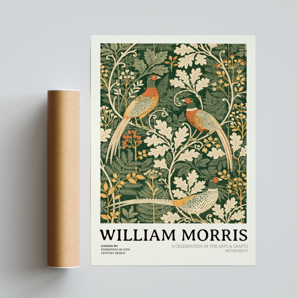 William Morris Pheasant Print, Arts and Crafts Exhibition Poster, Green Botanical Wall Art
