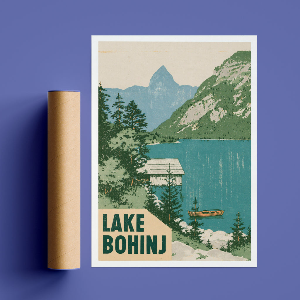 Retro Lake Bohinj Poster, Vintage Travel Print, Slovenia Julian Alps Mountain Lake Wall Art
