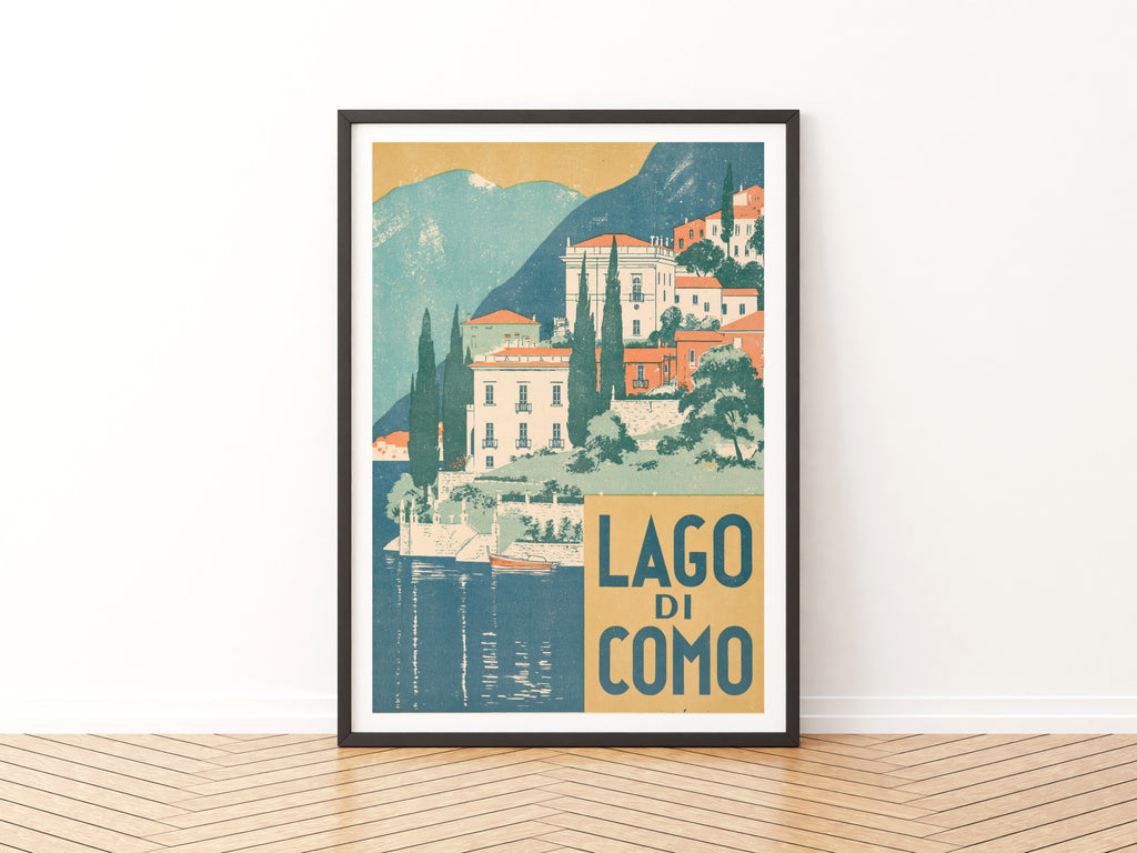 Retro Lago di Como Poster, Vintage Travel Print, Italian Lake Villa Wall Art, Lake Como Italy Decor