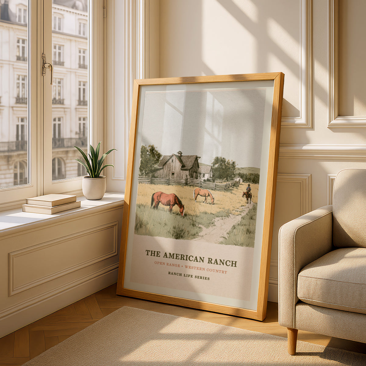 The American Ranch Poster, Vintage Western Wall Art, Horses Grazing, Rustic Barn Landscape Print