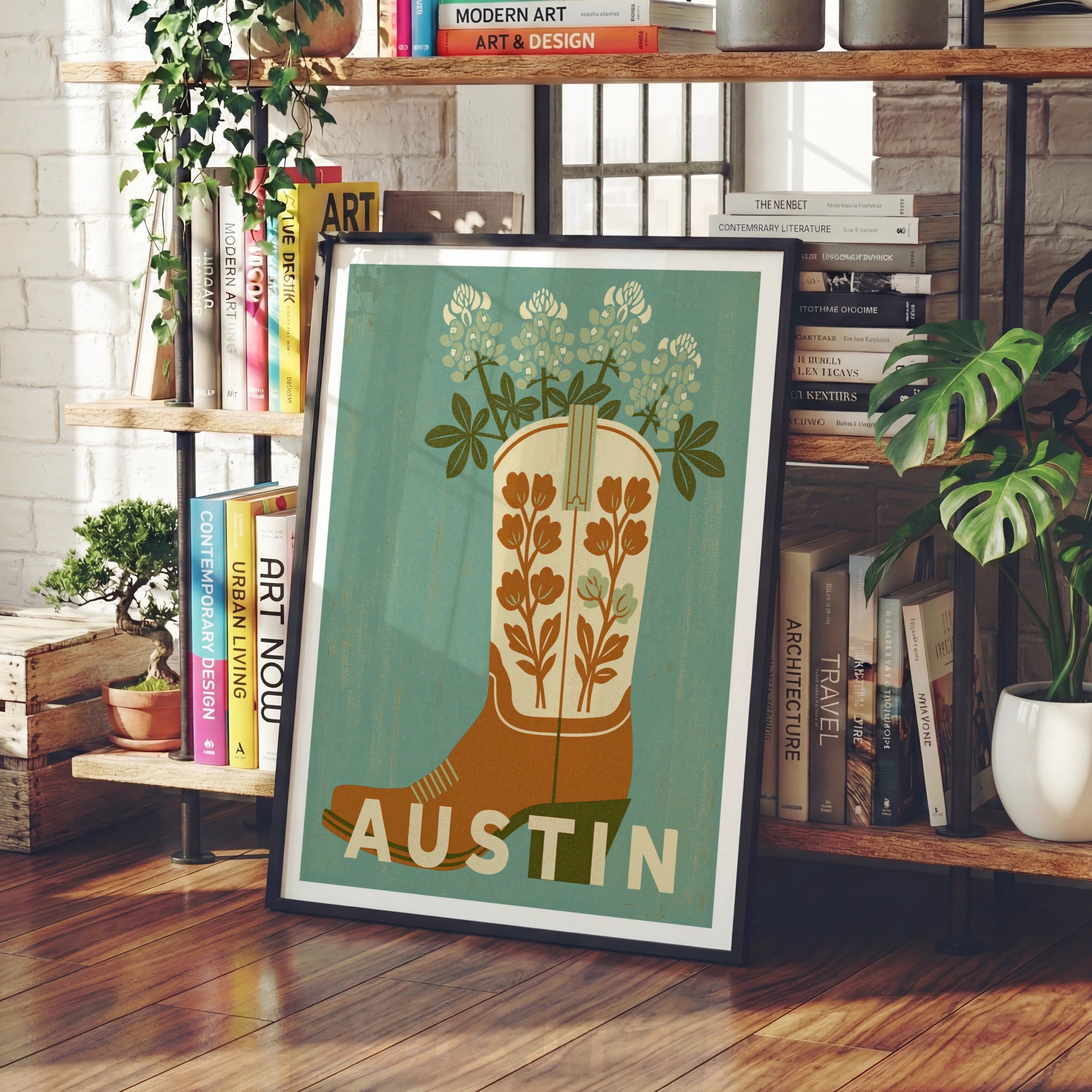 Austin Texas Retro Travel Poster, Cowboy Boot Bluebonnet Flower Art Print, Teal