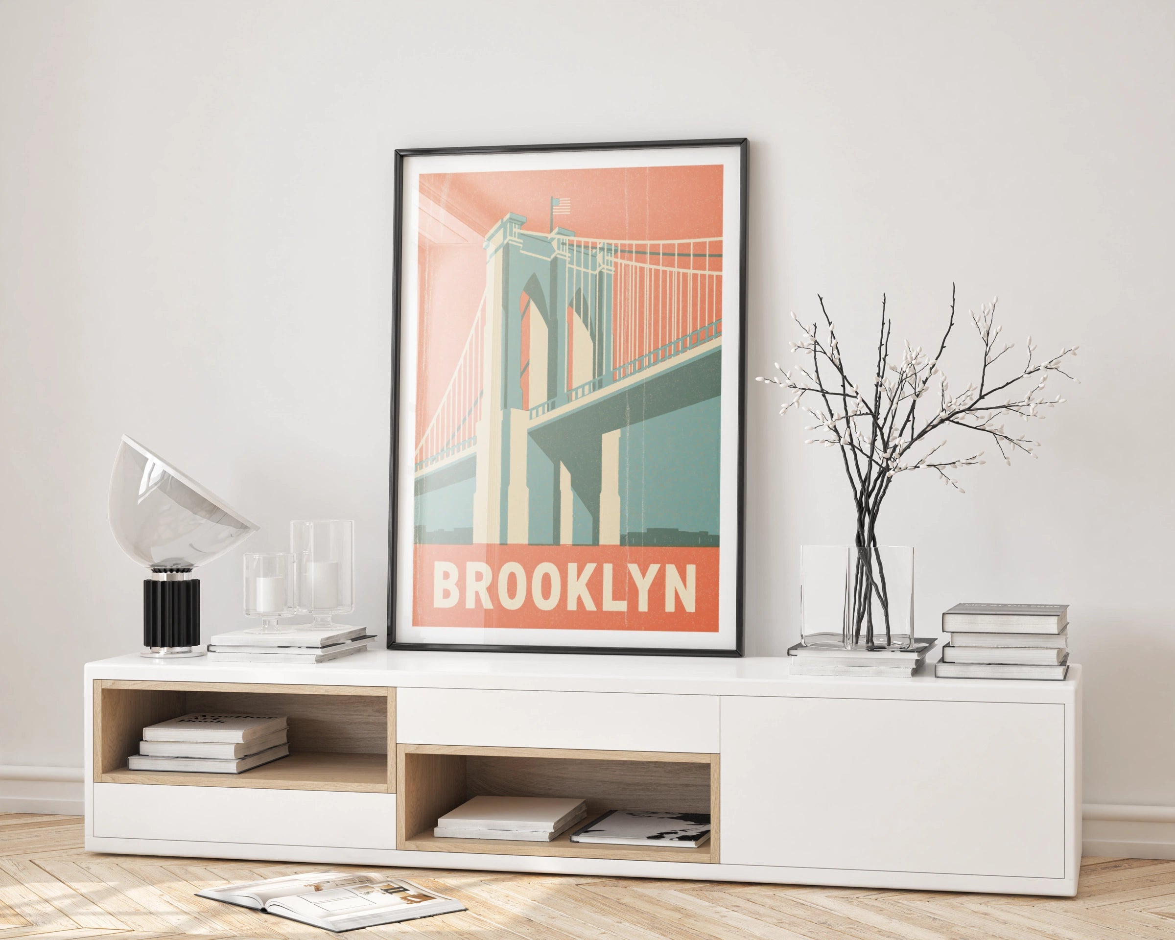 Brooklyn Bridge Retro Travel Poster, New York City Wall Art Print, NYC Vintage