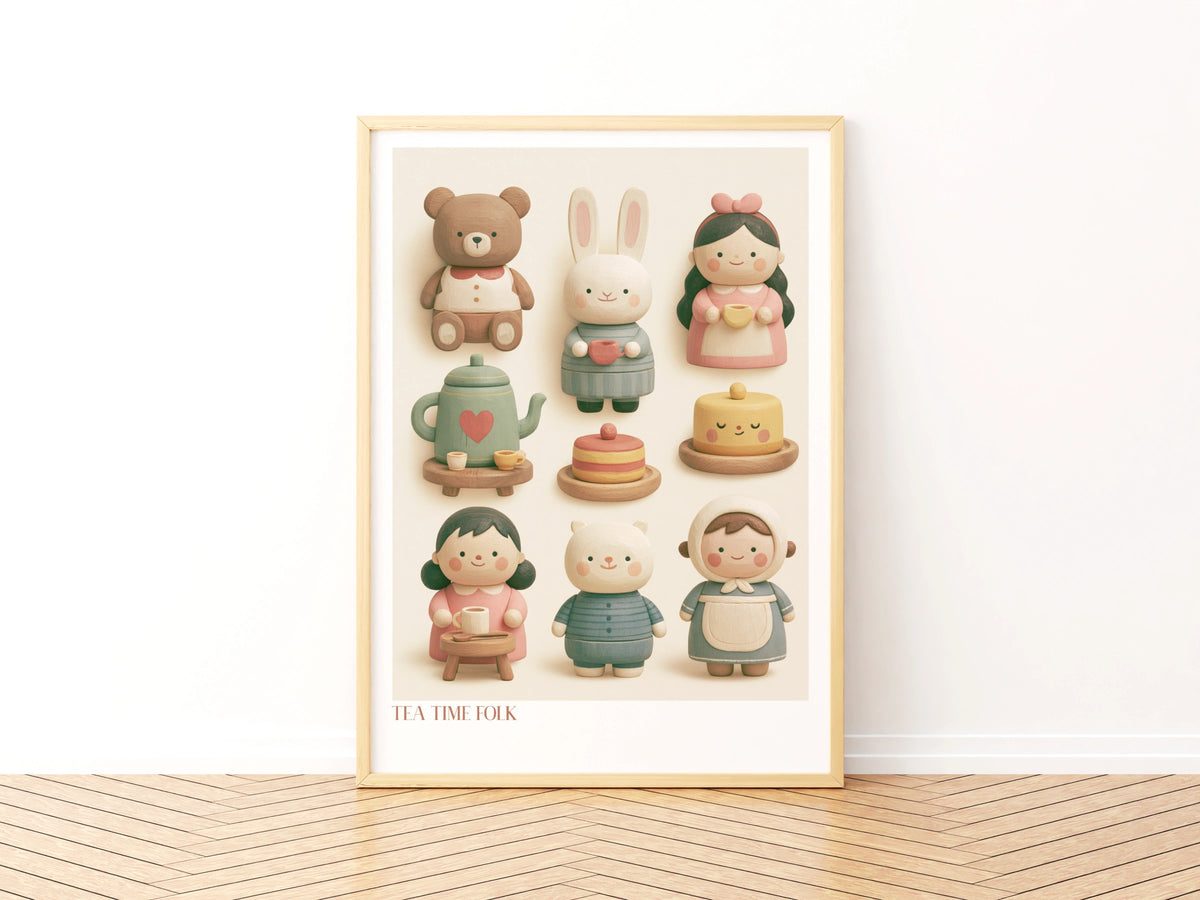 Tea Time Folk Retro Nursery Poster, Cute Wooden Toy Characters Children's Print, Kids Wall Art