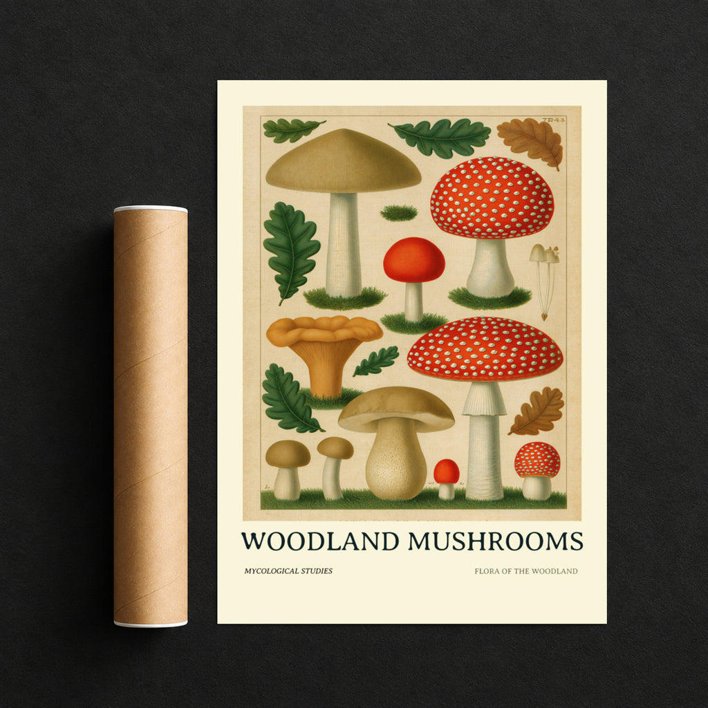 Woodland Mushrooms Botanical Print, Vintage Fungi Wall Art, Fly Agaric, Oak Leaves Nature Poster
