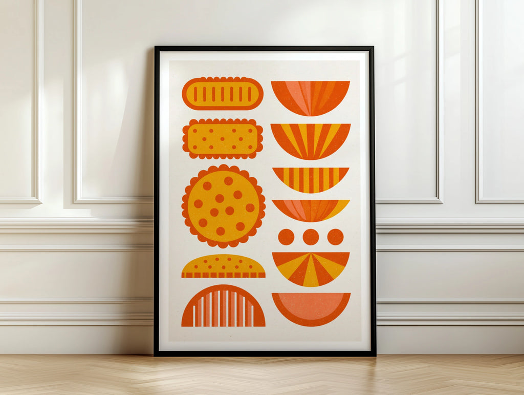 Retro Biscuit Print, Mid Century Kitchen Wall Art, Orange Food Poster, Fun Cookie Art