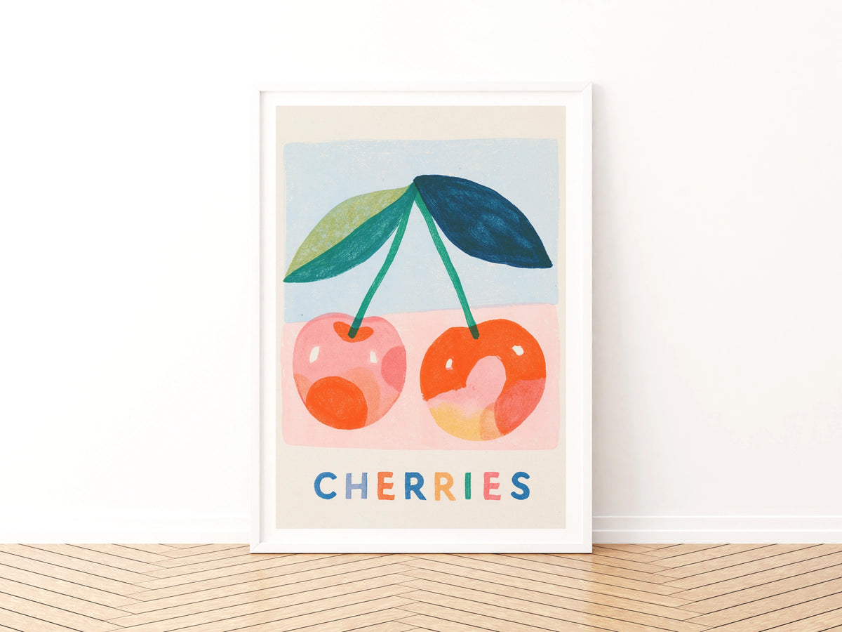 Cherries Vintage Food Poster Print, Rustic Kitchen Decor, Retro Mid Century Risograph Fruit Art
