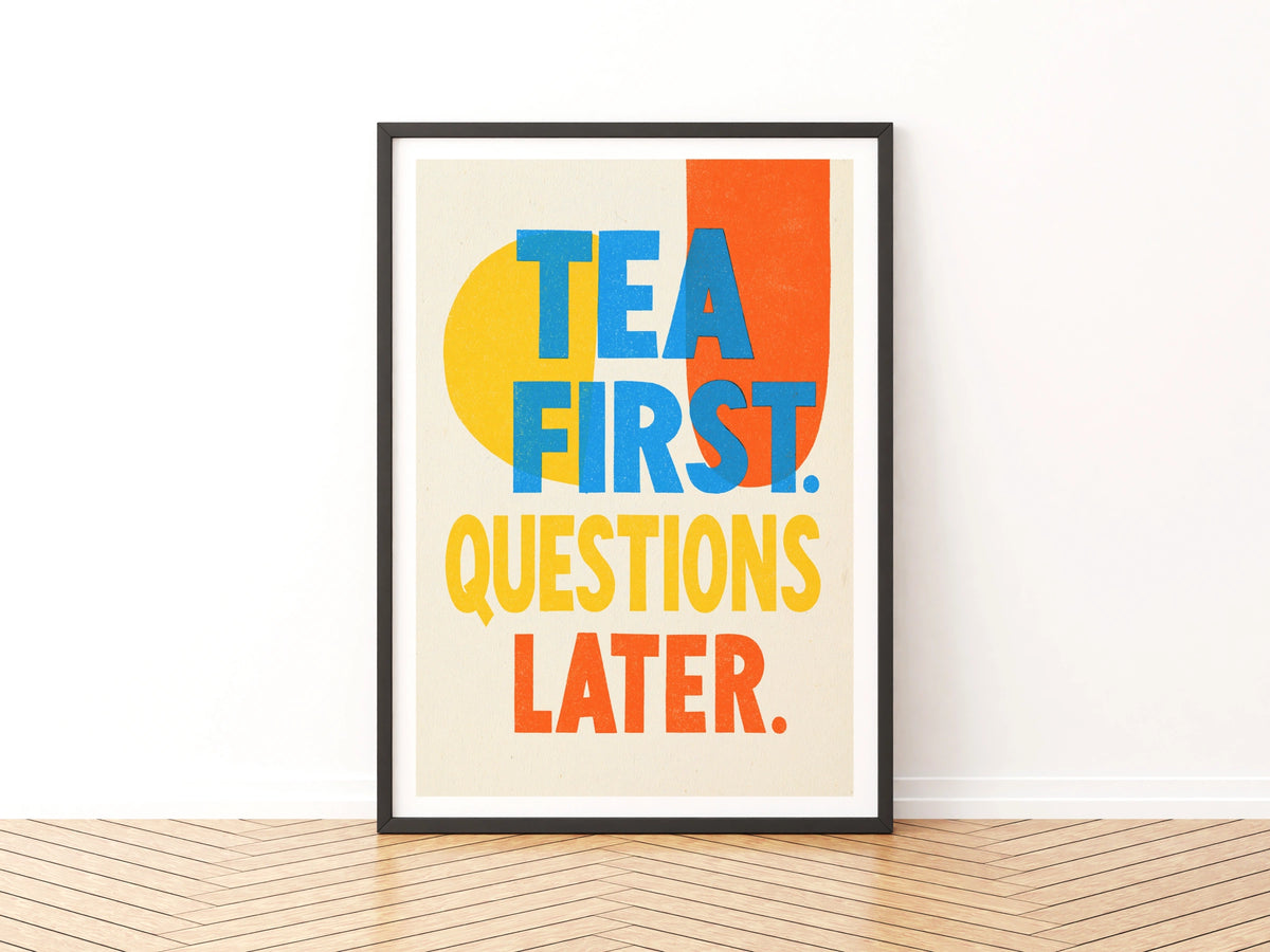 Tea First Questions Later Vintage Food Poster Print | Rustic Kitchen Decor | Retro Mid Century