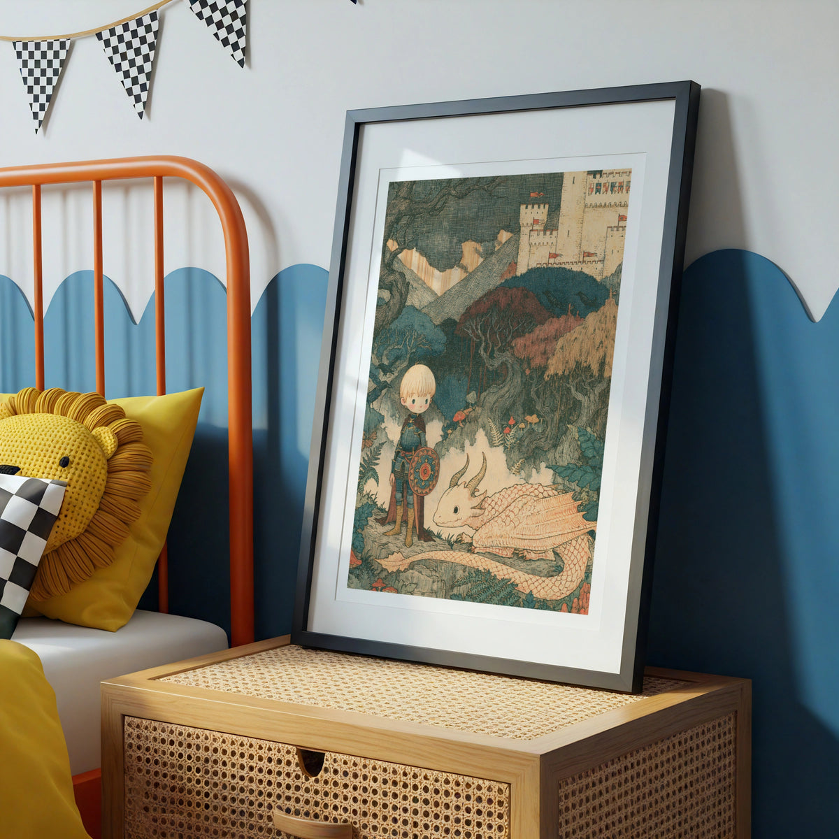 Retro Children's Print, Boy Knight Dragon Castle, Fantasy Kids Wall Art Poster