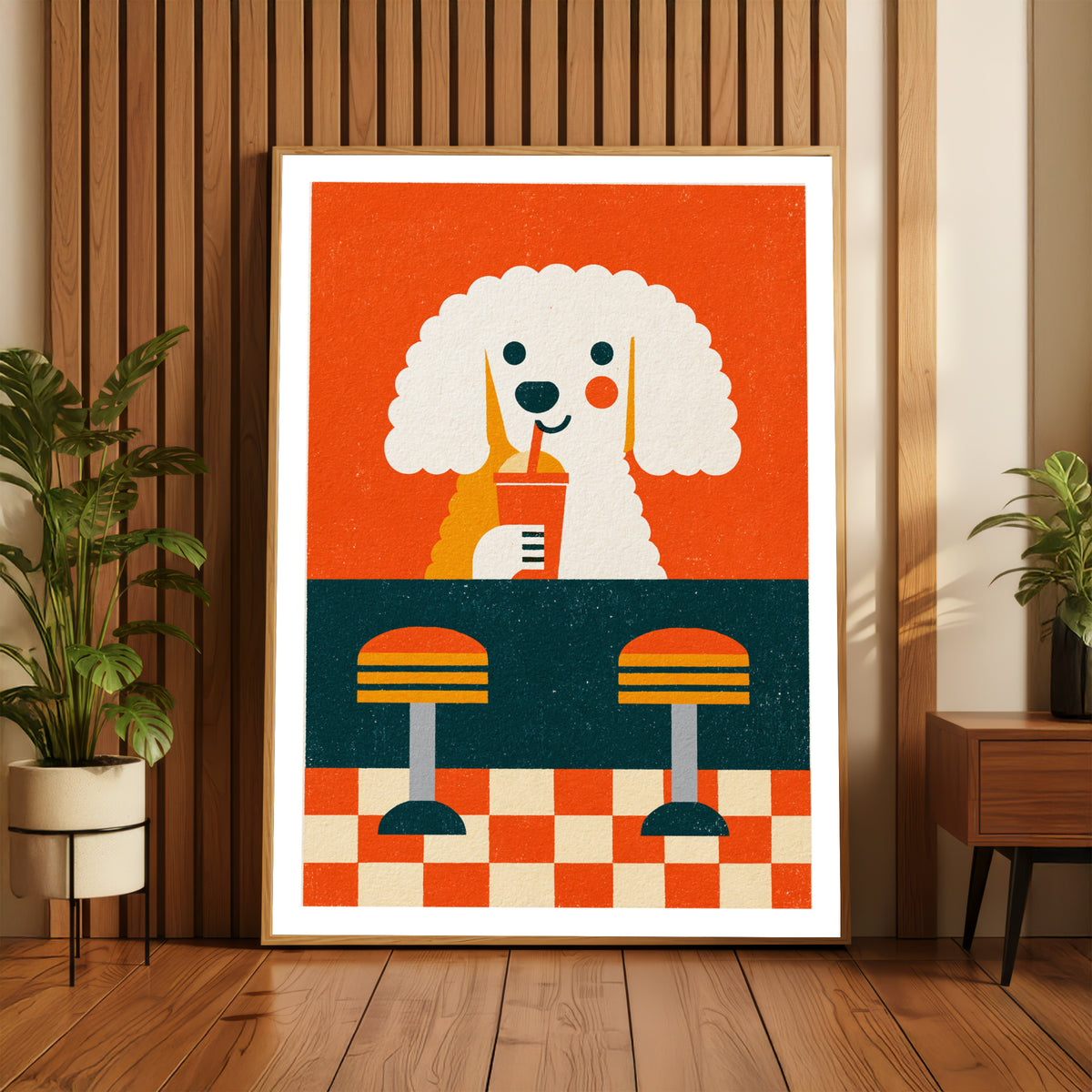 Retro Poodle Diner Poster, Vintage Dog Wall Art, Cute Puppy Print, Orange Retro Kitchen Decor