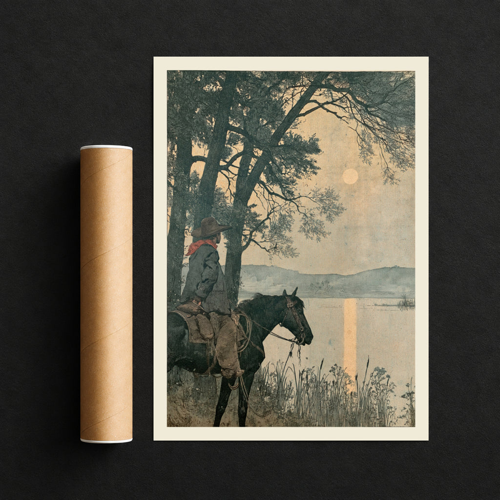Vintage Cowboy on Horseback Print, Moonlit Lake Western Wall Art, Rustic Nature Landscape Poster