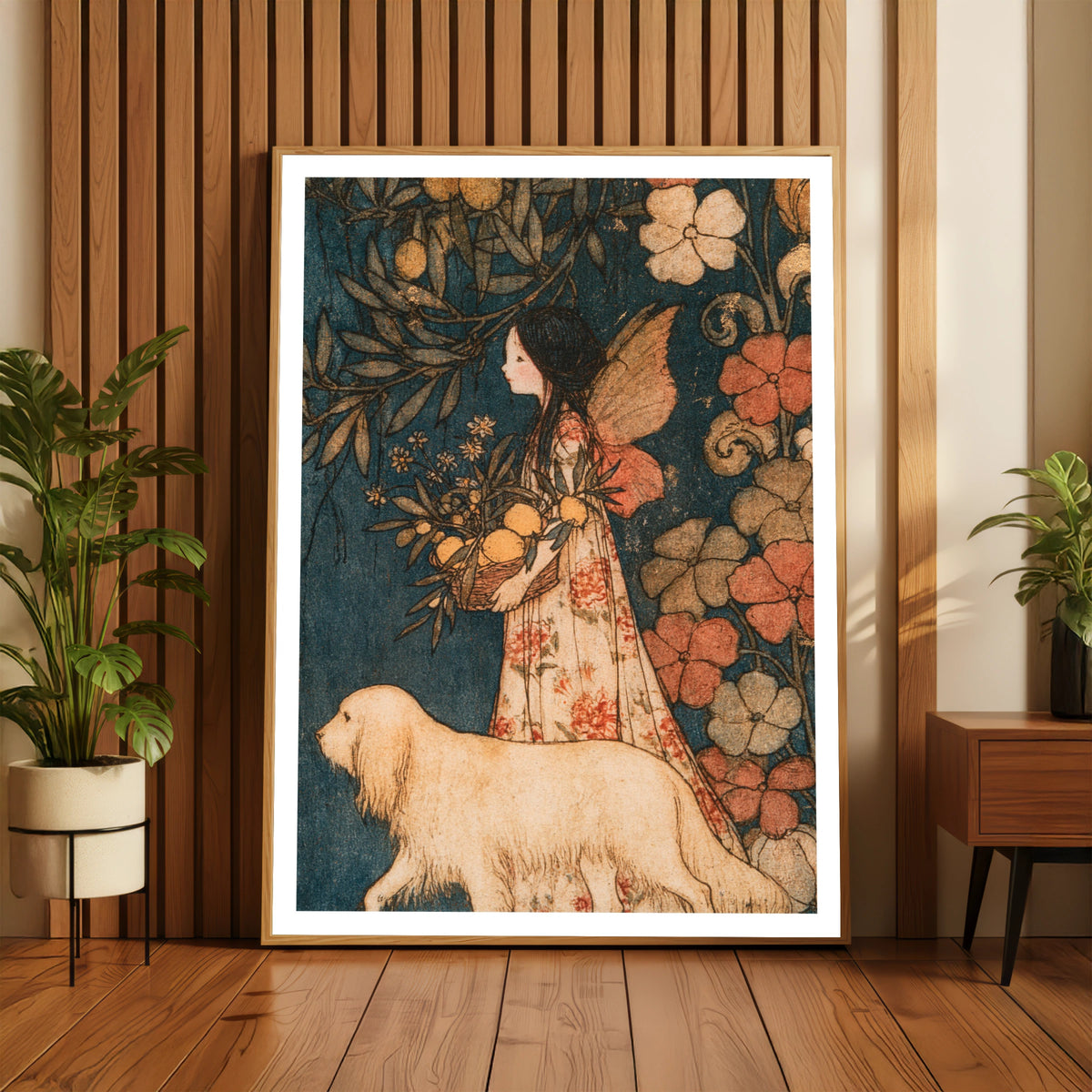 Fairy Girl Print, Classic Folk Art Print, Vintage Floral Garden Wall Art, 