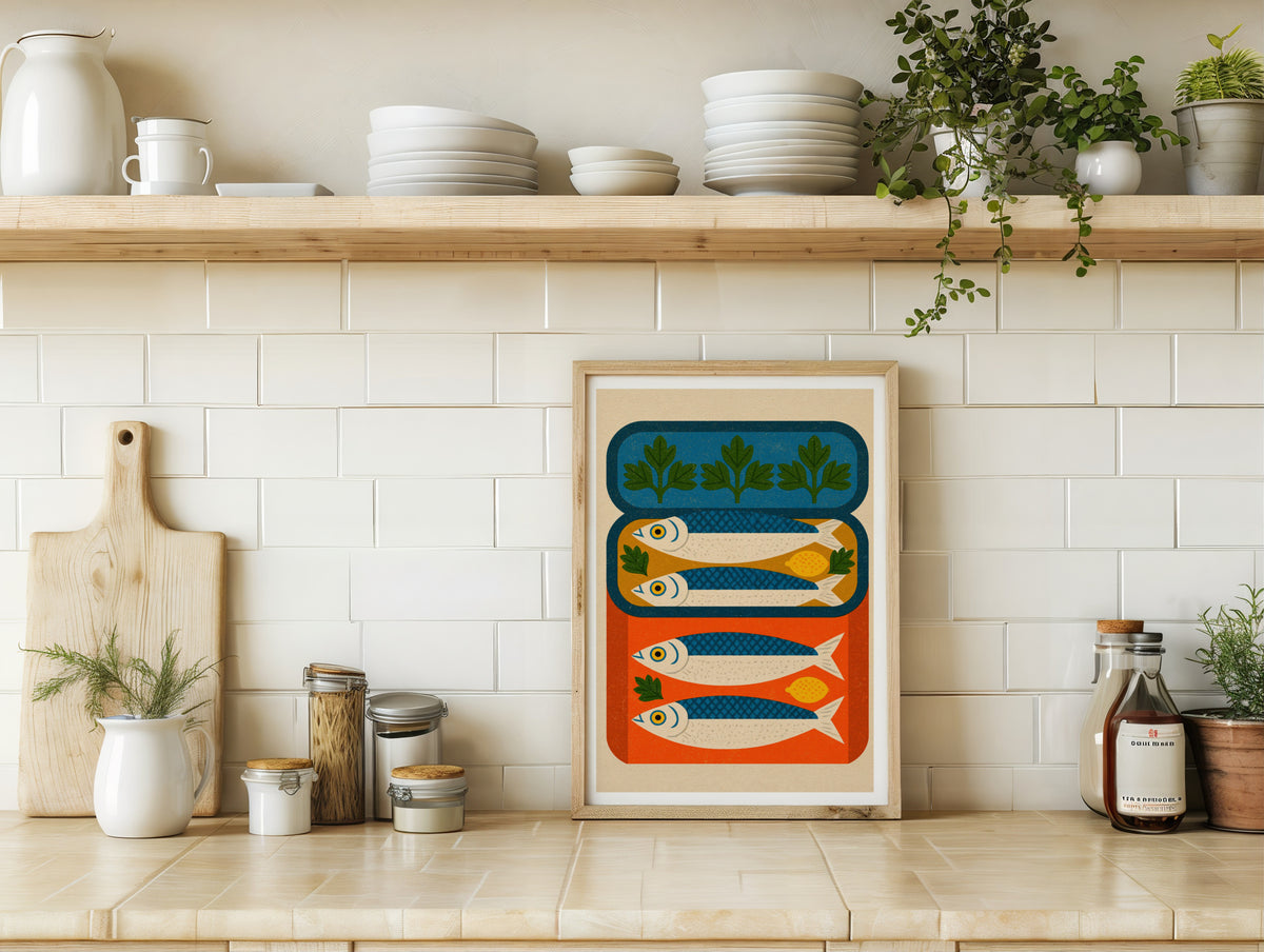 Vintage Food Poster Print, Sardine Tin Art, Rustic Kitchen Decor, Retro Mid Century Risograph Fish