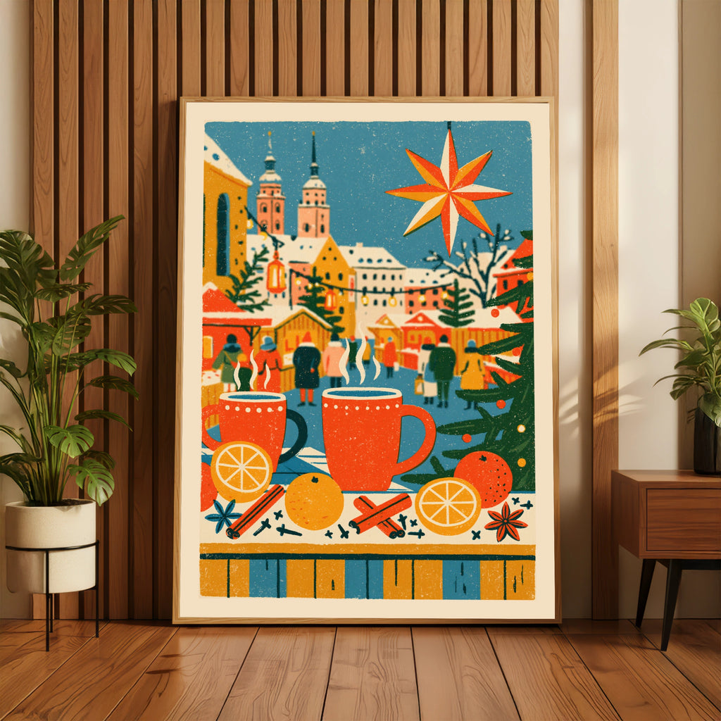 Vintage Christmas Market Poster, Mulled Wine Wall Art, Festive Winter Print, Retro Holiday Decor