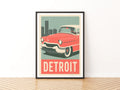 Detroit Retro Travel Poster, Classic American Car Print, USA City Wall Art Gift
