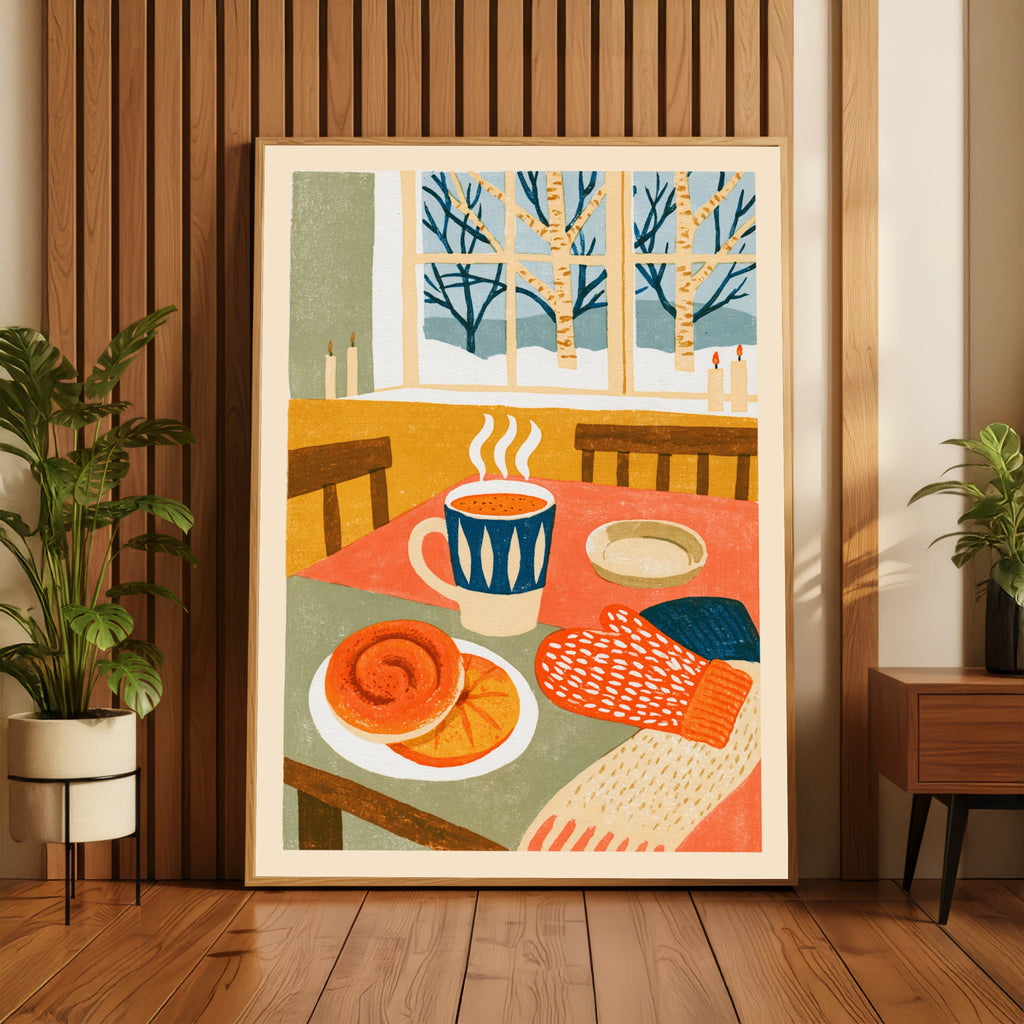 Vintage Food Poster Print, Rustic Kitchen Decor, Retro Mid Century Risograph Winter Scene