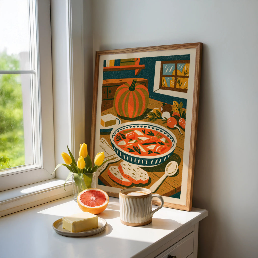 Vintage Food Poster Print, Rustic Kitchen Decor, Retro Mid Century Risograph Pumpkin Soup Art