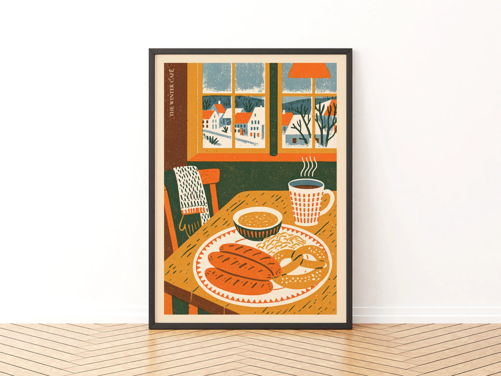 Vintage Food Poster Print, Winter Cafe, Rustic Kitchen Decor, Retro Mid Century Risograph Art