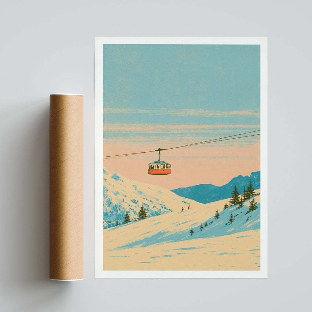 Retro Ski Cable Car Poster, Alpine Snow Mountain Print, Vintage Skiing Wall Art