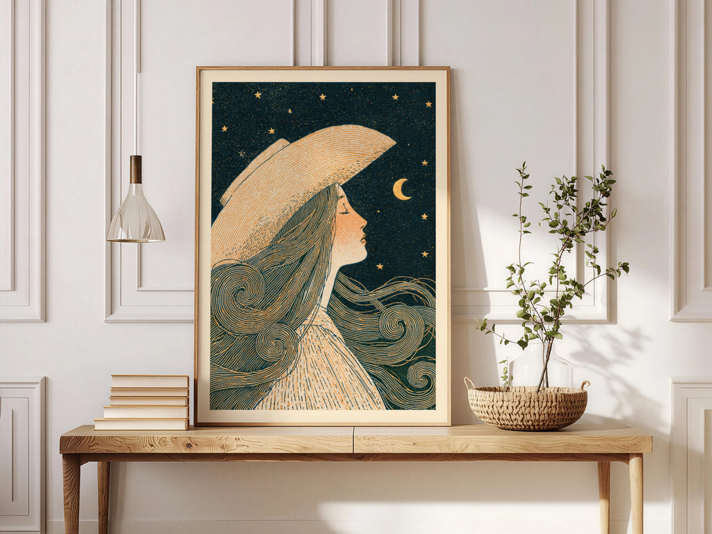 Celestial Woman Moon Stars Art Nouveau Print, Vintage Night Sky Wall Art, Whimsical Bedroom Poster