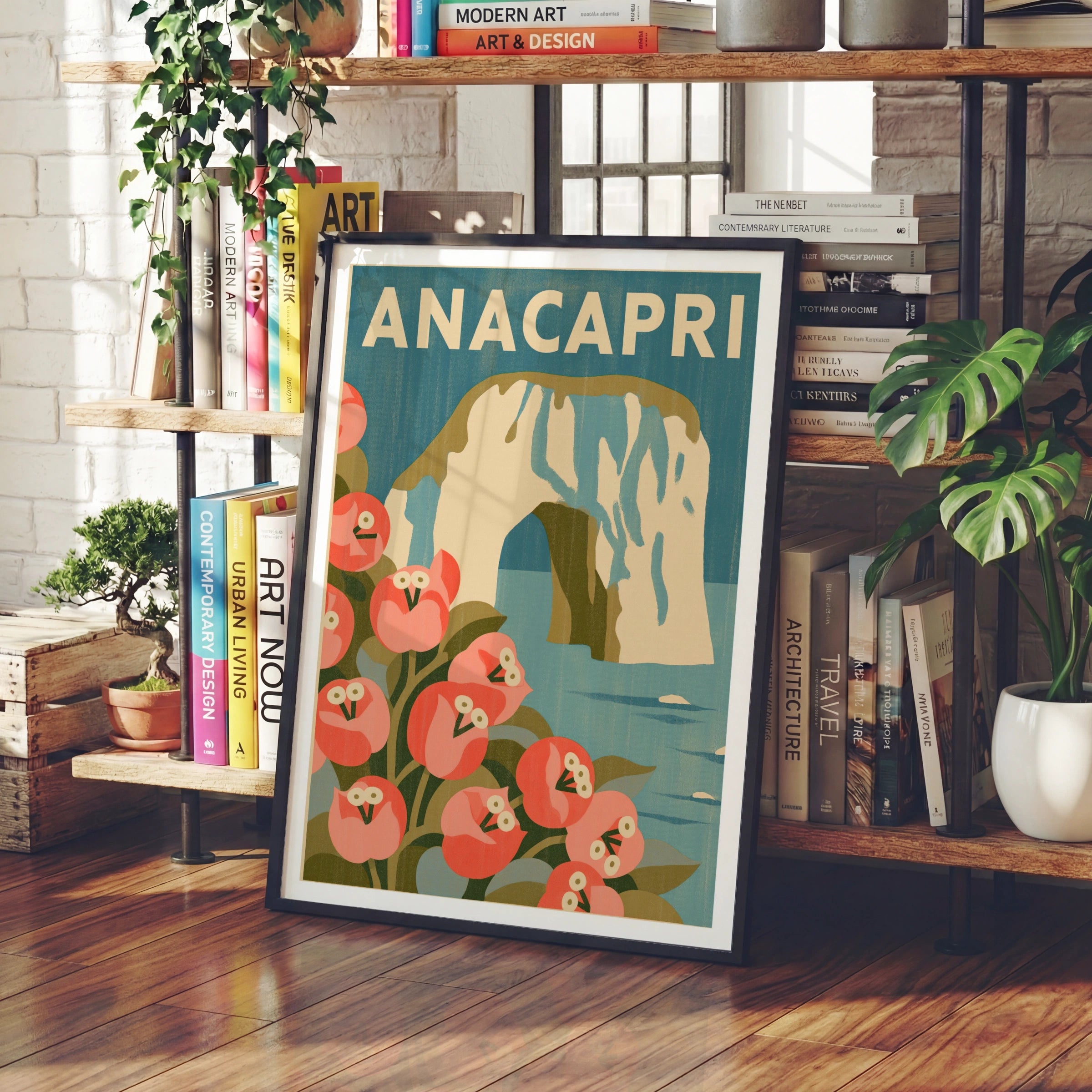 Anacapri Vintage Travel Poster, Capri Island Italy Wall Art, Retro Floral Print