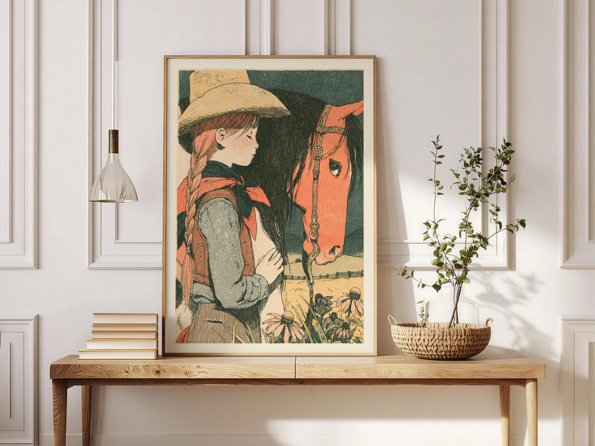Cowgirl and Horse Vintage Print, Western Wall Art, Coneflower Meadow Poster, Ranch Nursery Decor