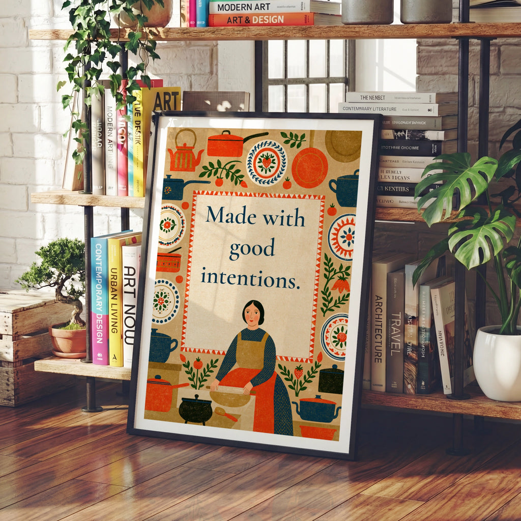 Made With Good Intentions Retro Kitchen Poster, Folk Art Cooking Print, Vintage Home