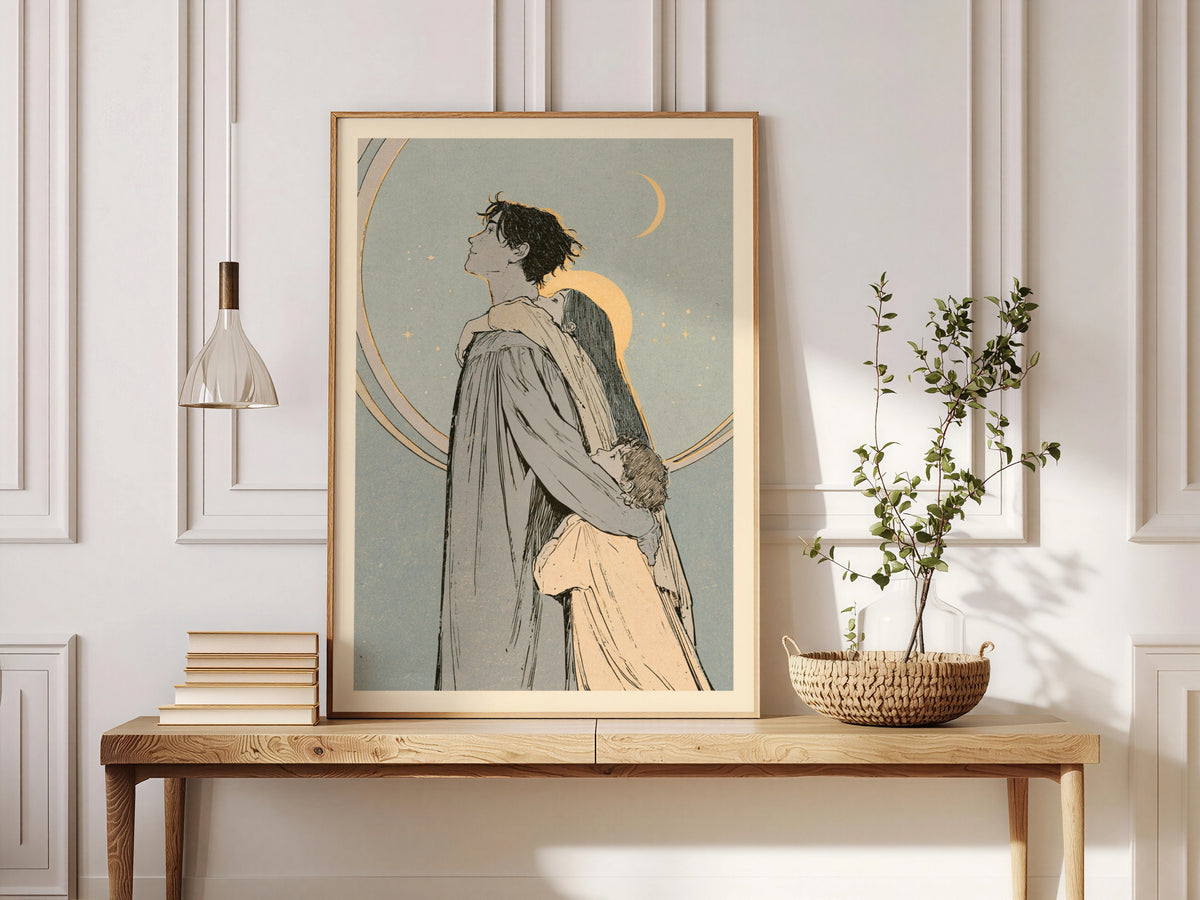 Celestial Family Embrace Art Print, Crescent Moon and Stars Wall Art, Art Nouveau Vintage Style