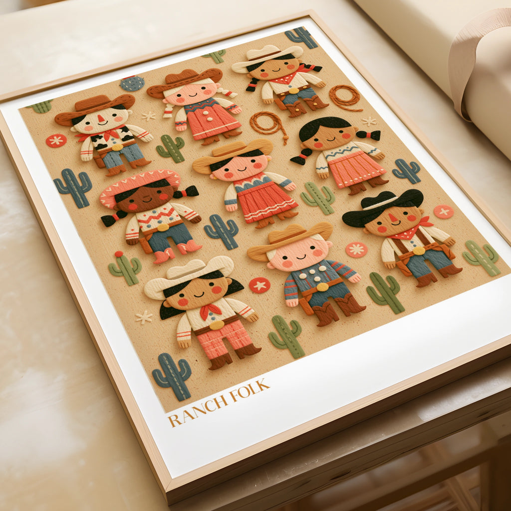 Ranch Folk Retro Kids Cowboy Poster, Children's Western Wall Art, Cute Nursery Print Collectable