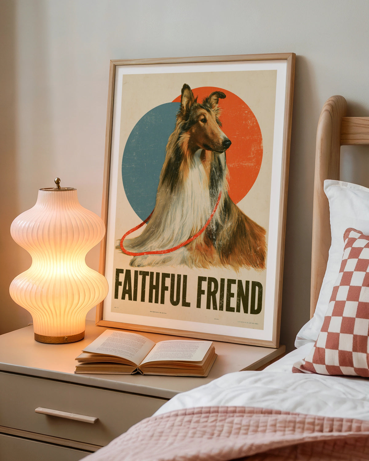 Retro Collie Dog Print, Faithful Friend Folk Art, Vintage Style Dog Wall Art Gift
