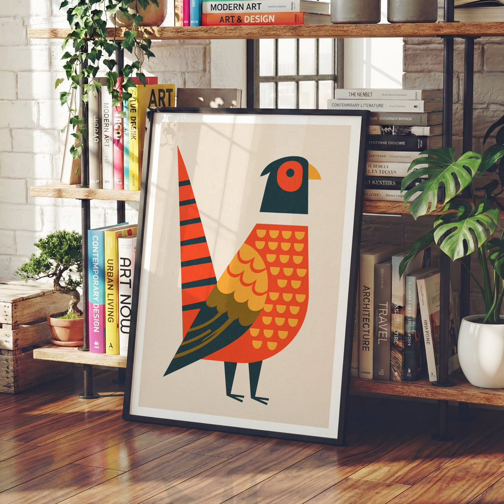 Retro Pheasant Print, Mid Century Bird Poster, Geometric Animal Wall Art, Orange Folk Style Decor