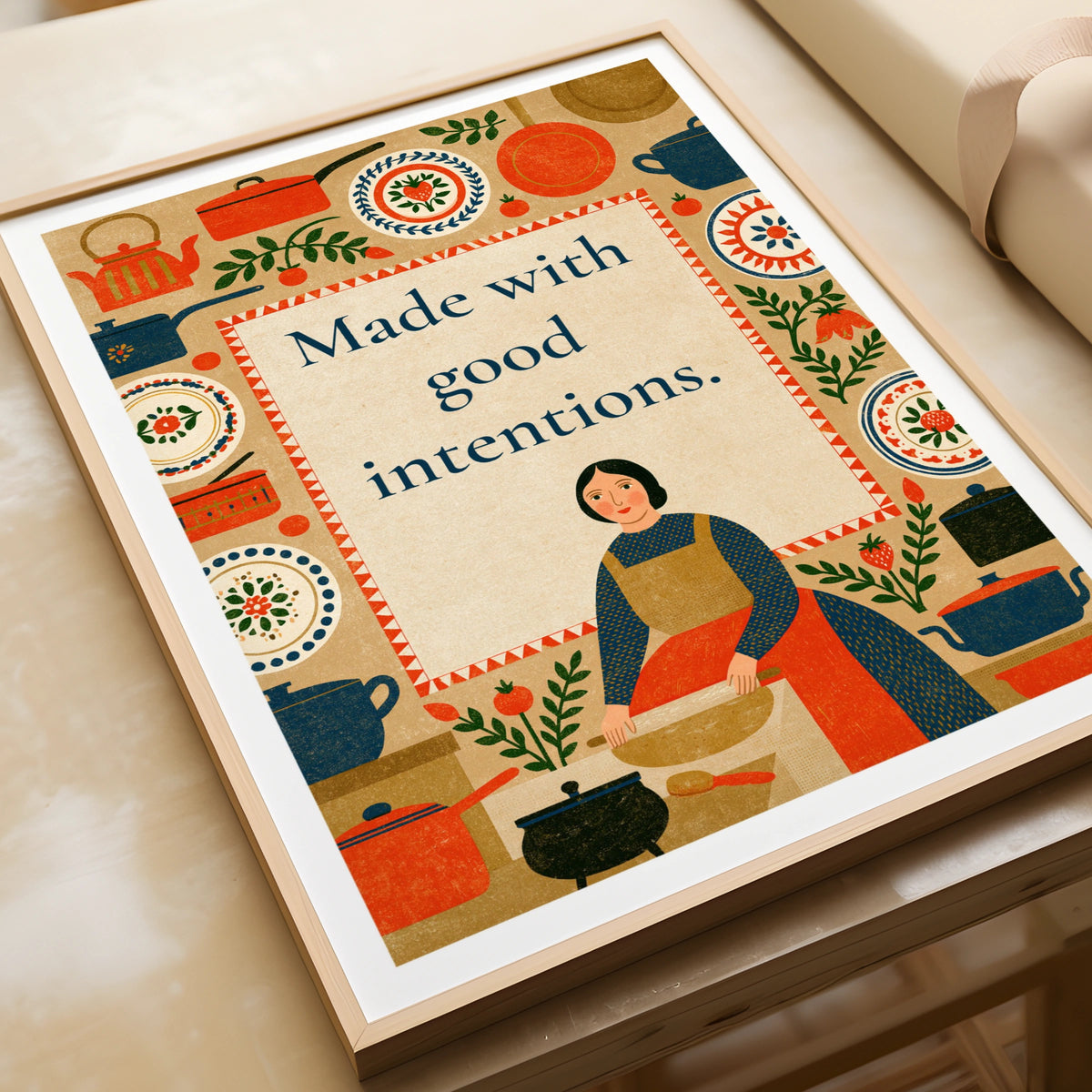 Made With Good Intentions Retro Kitchen Poster, Folk Art Cooking Print, Vintage Home