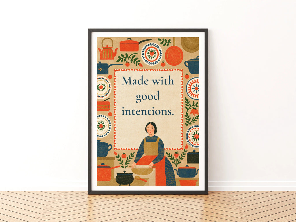 Made With Good Intentions Retro Kitchen Poster, Folk Art Cooking Print, Vintage Home