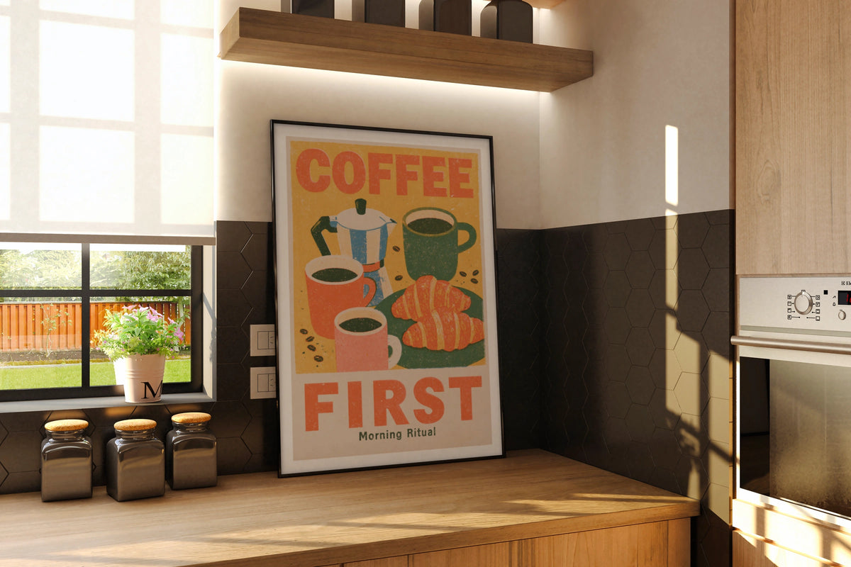 Coffee First Vintage Food Poster Print | Rustic Kitchen Decor | Retro Mid Century Risograph
