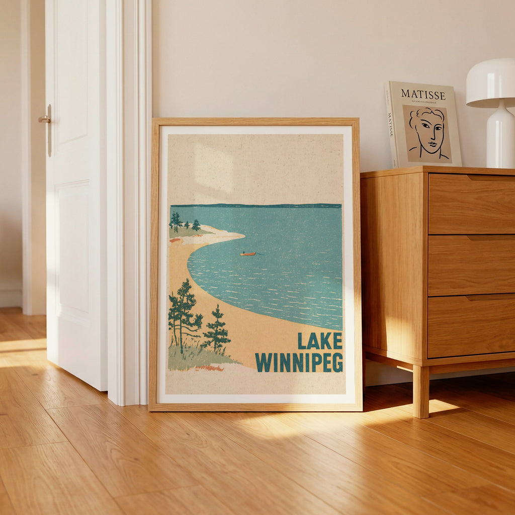 Lake Winnipeg Retro Print, Vintage Travel Poster, Manitoba Canada Lakeside Beach, Rowing Boat Pine