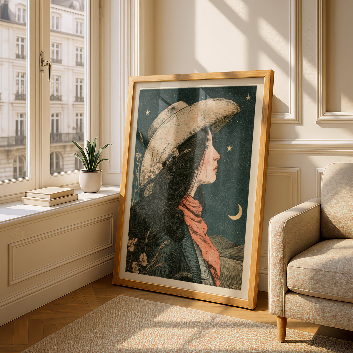 Vintage Cowgirl Wall Art, Western Poster, Starry Night Sky Print, Wildflowers, Crescent Moon Decor