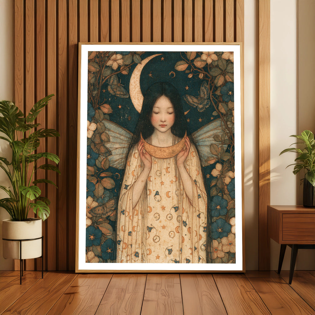 Moon Fairy Art Print, Celestial Fairy Girl Poster, Vintage Folk Wall Art, Floral Botanical