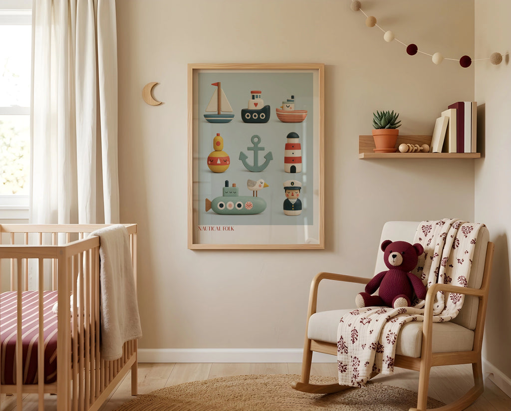 Nautical Folk Art Print, Retro Wooden Toy Poster, Children's Collectable, Kids Bedroom Sea Wall Art