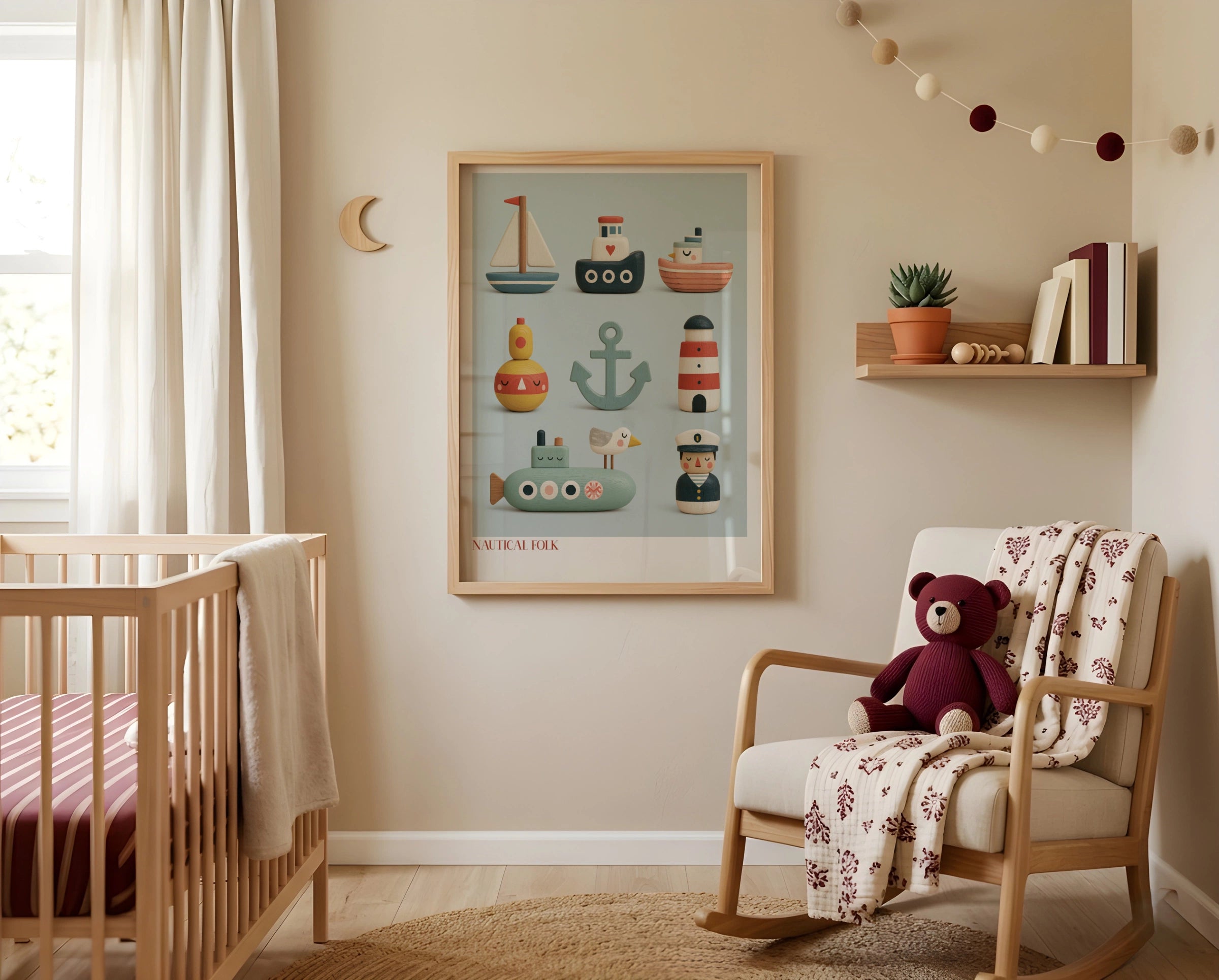 Nautical Folk Art Print, Retro Wooden Toy Poster, Children's Collectable, Kids Bedroom Sea Wall Art