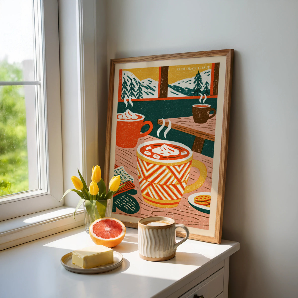 Vintage Food Poster Print, Hot Chocolate Chaud, Rustic Kitchen Decor, Retro Mid Century Risograph
