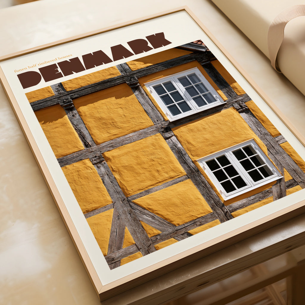 Denmark Contemporary Travel Poster, Funen Half Timbered Houses, Scandinavian Wall Art Print