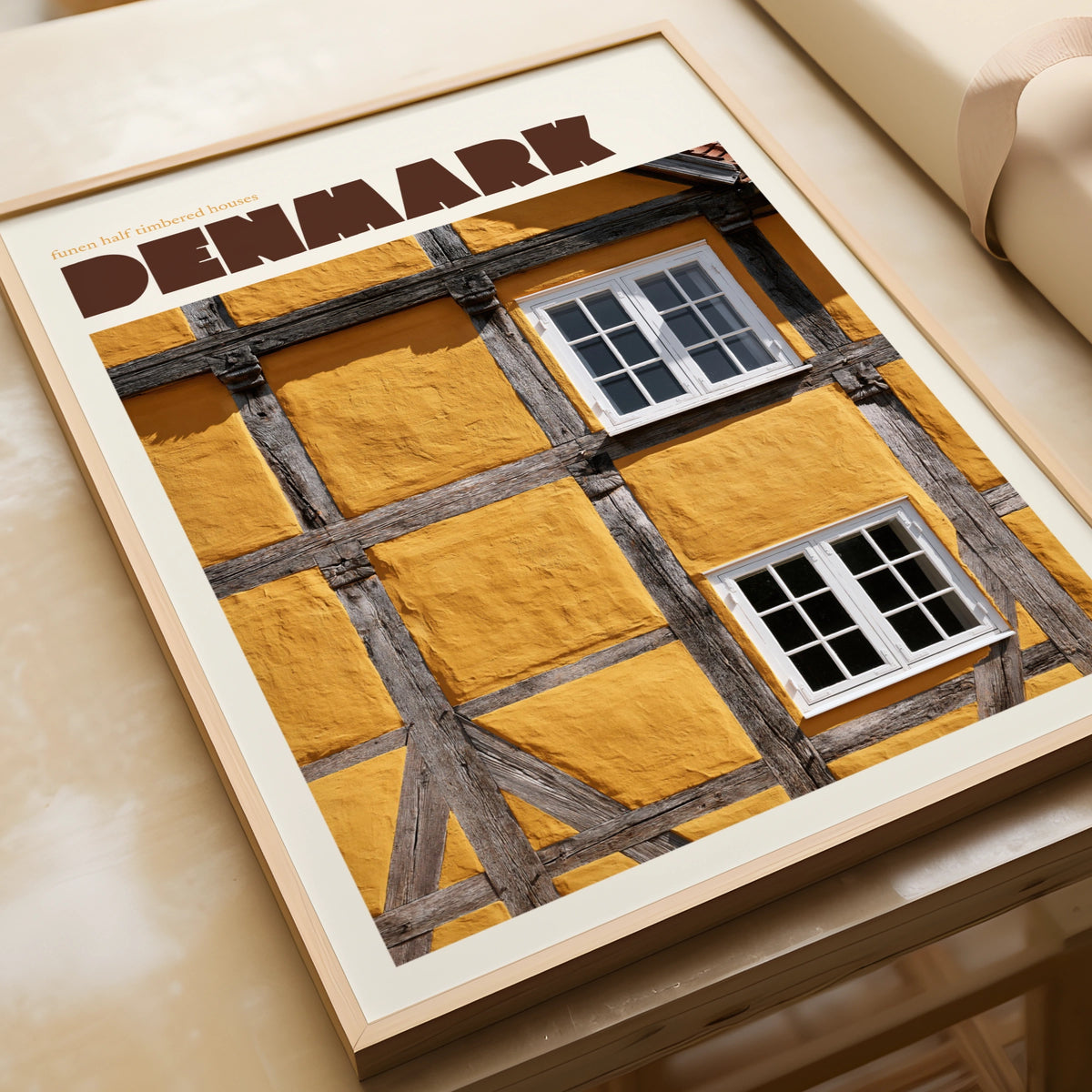 Denmark Contemporary Travel Poster, Funen Half Timbered Houses, Scandinavian Wall Art Print