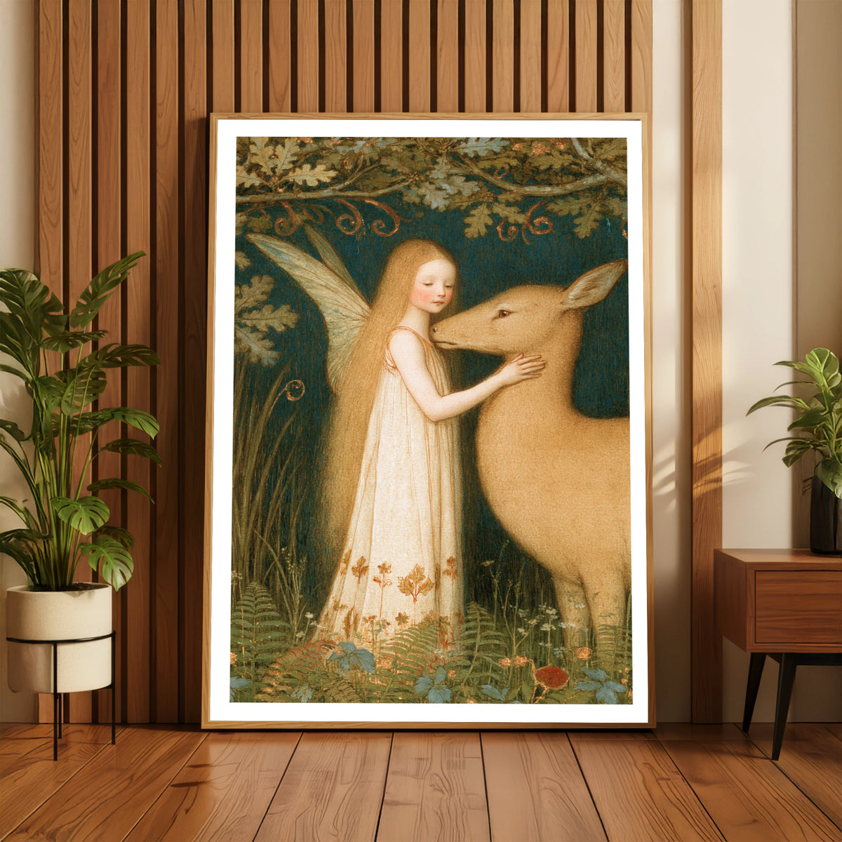 Fairy and Deer Forest Print, Classic Folk Art Poster, Woodland Wall Art, Vintage Illustrated