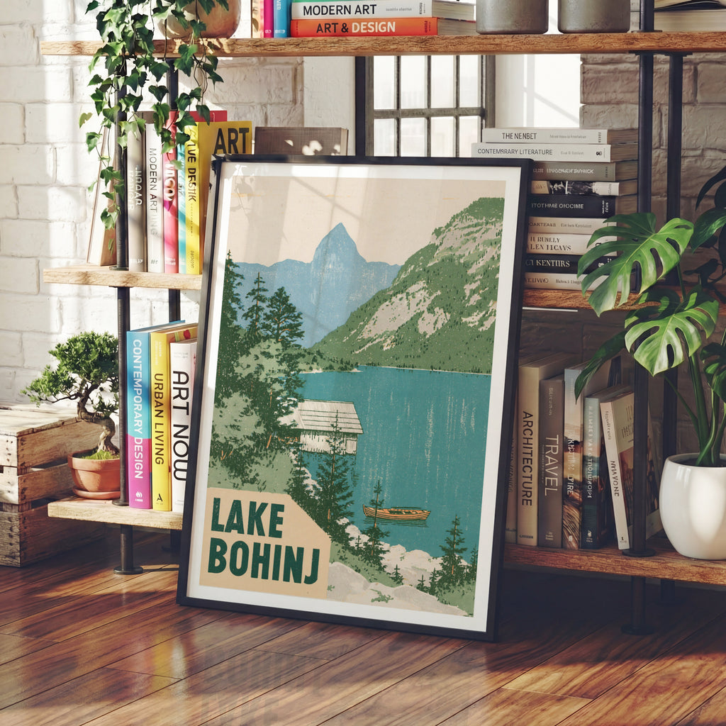 Retro Lake Bohinj Poster, Vintage Travel Print, Slovenia Julian Alps Mountain Lake Wall Art