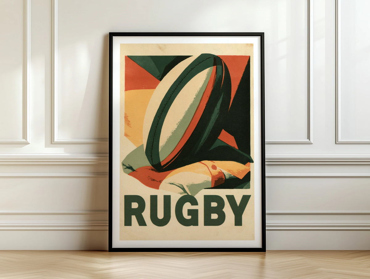 Retro Rugby Poster, Vintage Sport Wall Art Print, Rugby Ball, Green Orange Decor