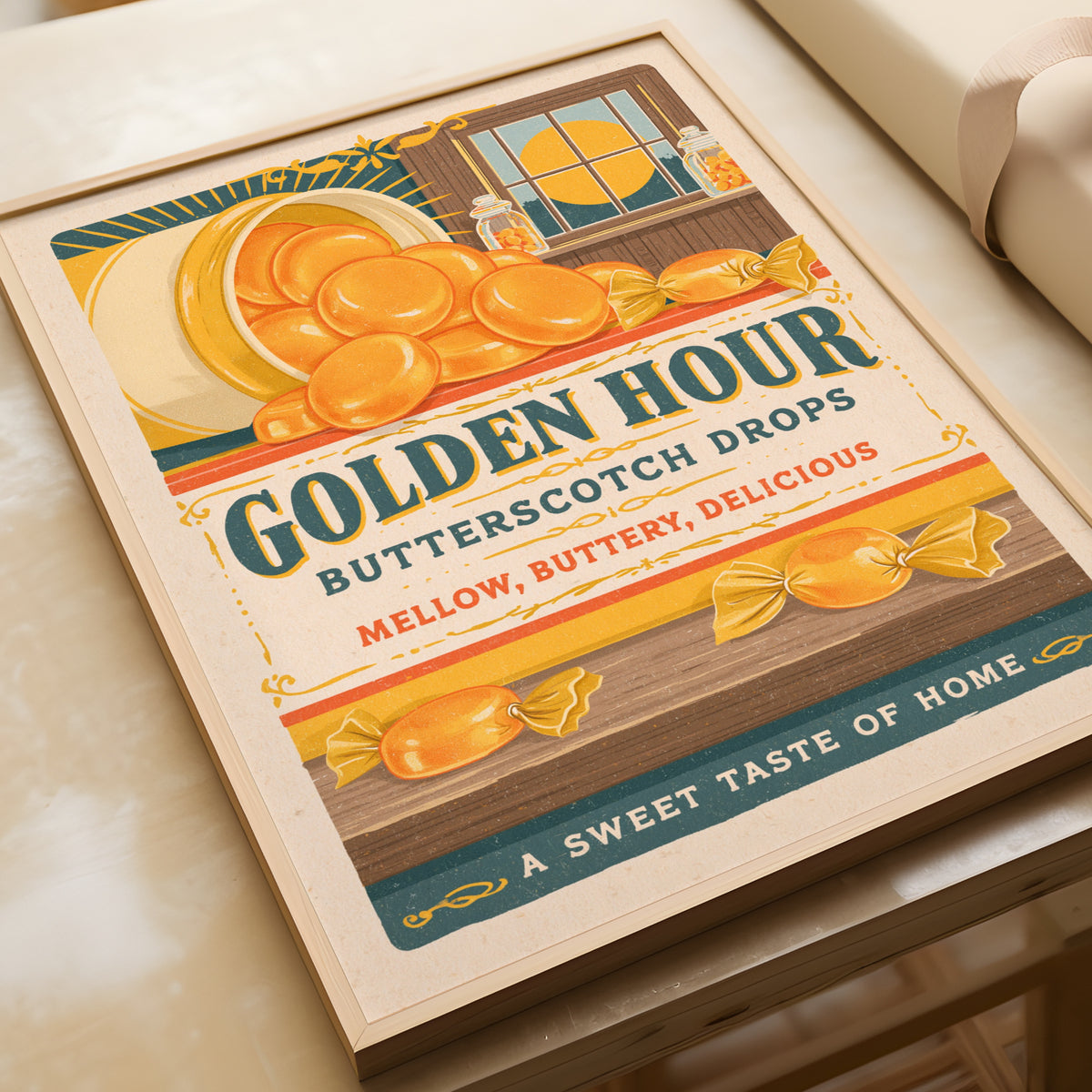Butterscotch Candy Contemporary Kitchen Wall Art, Vintage Sweet Shop Print, Golden Hour Food Decor