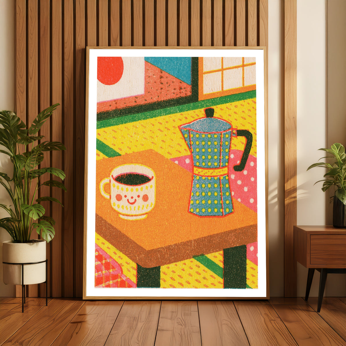 Retro Coffee Wall Art, Vintage Kitchen Print, Japanese Tatami Room Poster, Moka Pot Illustration