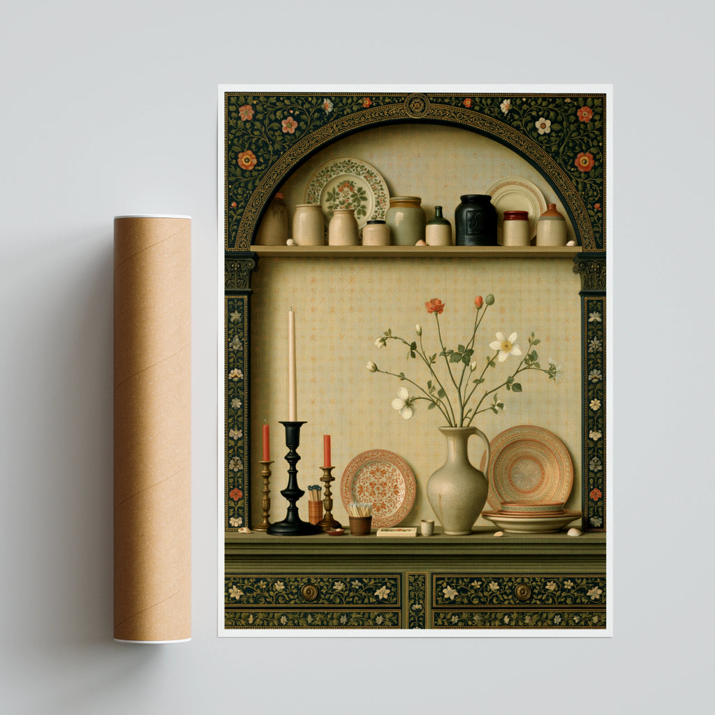 Classic Kitchen Shelf Still Life Print, Vintage Pottery Floral Wall Art Poster