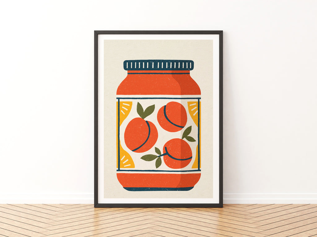 Vintage Food Poster Print, Peach Jam Jar, Rustic Kitchen Decor, Retro Mid Century Risograph Art